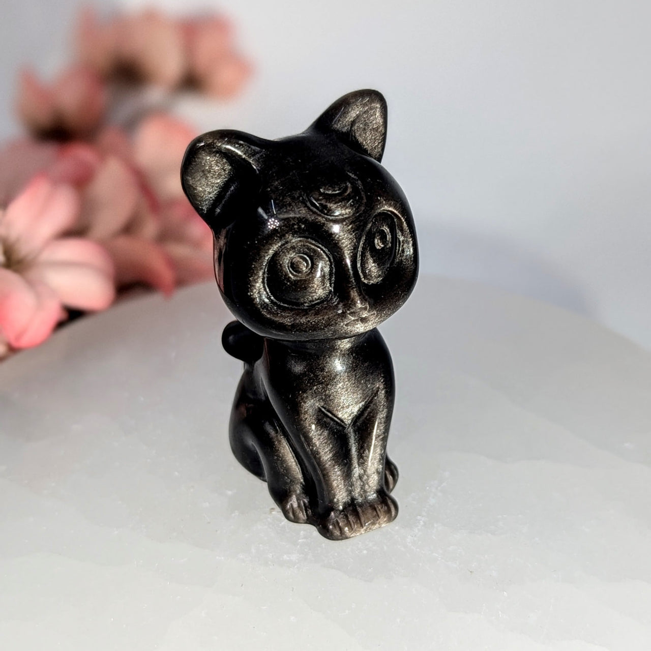 Glossy black Silversheen Obsidian Sailor Moon cat figurine, 2.25 inch