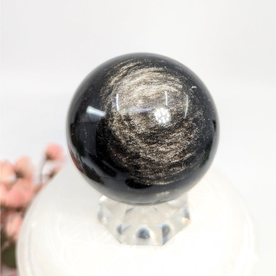 Polished Black Obsidian Sphere with Silver Inclusions | Silversheen Obsidian 2.4 Inch Sphere