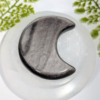 Silversheen Obsidian 3.25 inch Moon Carving #BC0862 on quartz plate