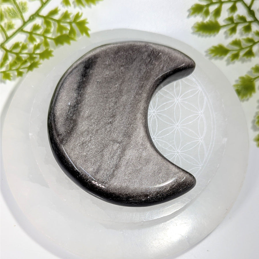 Silversheen Obsidian 3.25 inch Moon Carving #BC0862 on quartz plate