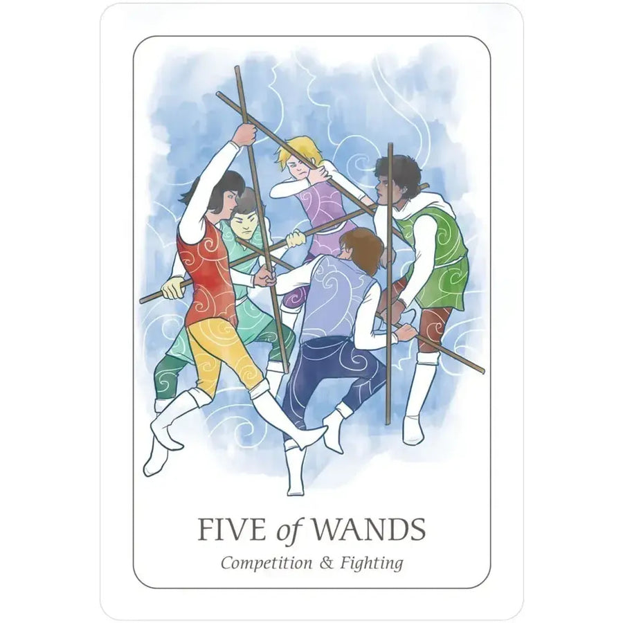 Close-up of Simplicity Tarot Deck’s Five of Wands, showing person holding a stick
