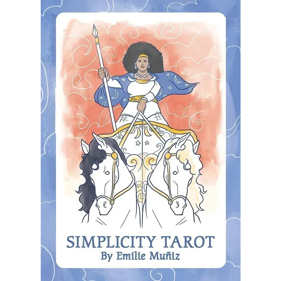 A woman in a white dress riding a horse from the Simplicity Tarot Deck for Beginners #Q374