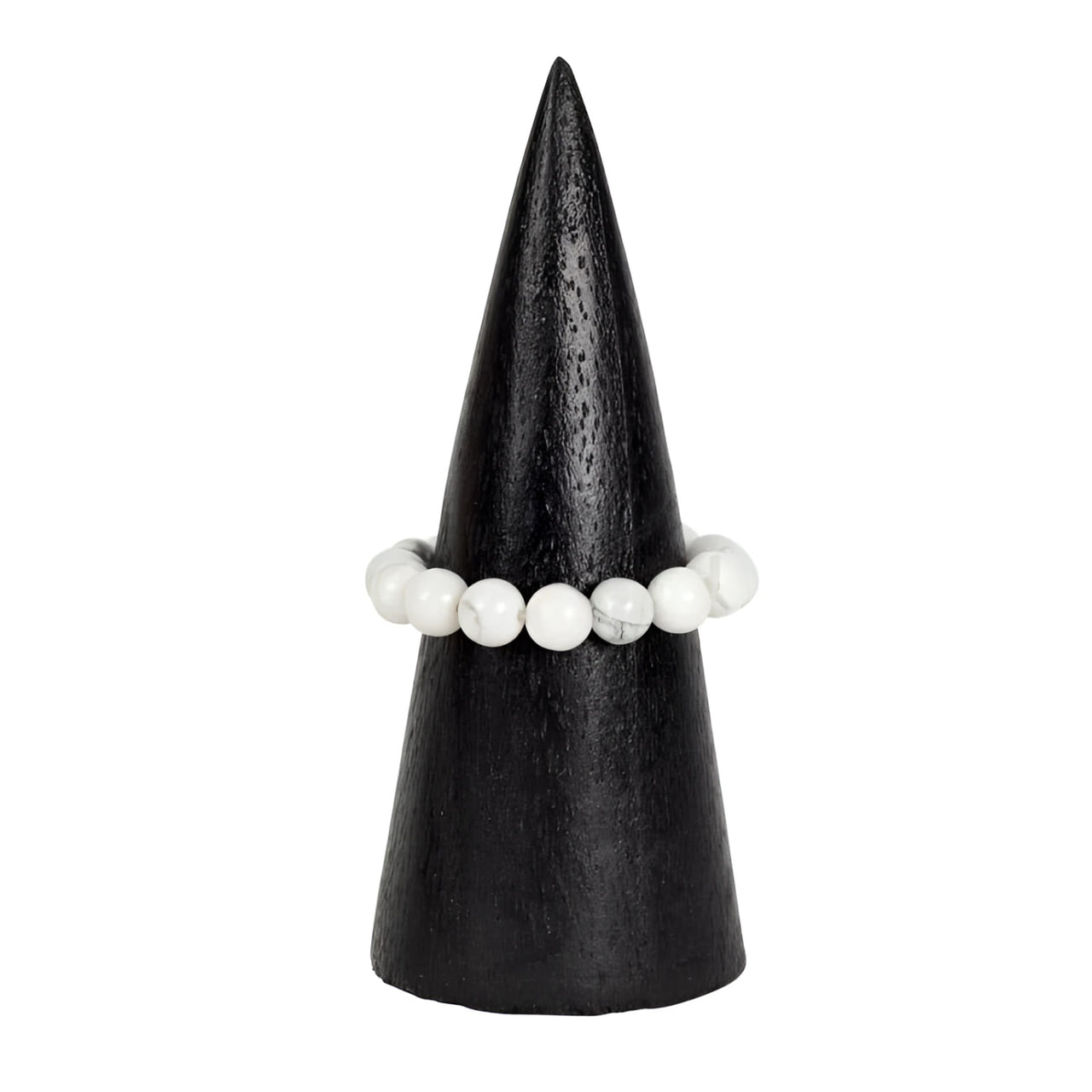 White marble bead bracelet on black wooden cone stand, LV9688 ring