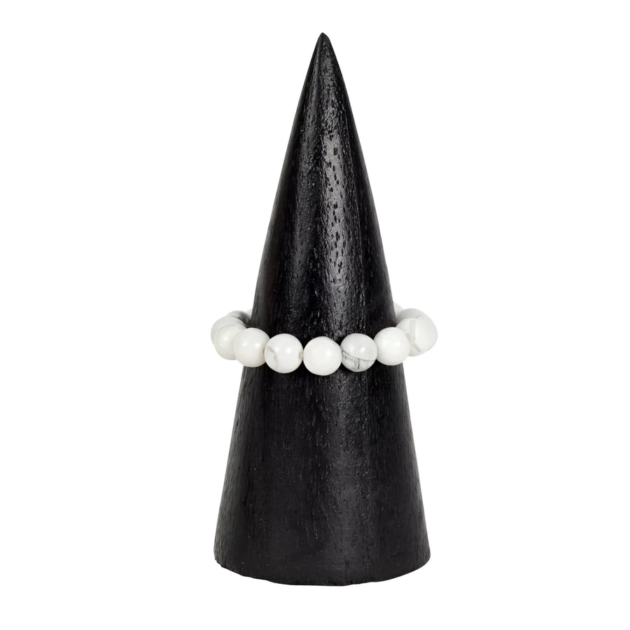 White marble bead bracelet on black wooden cone stand, LV9688 ring