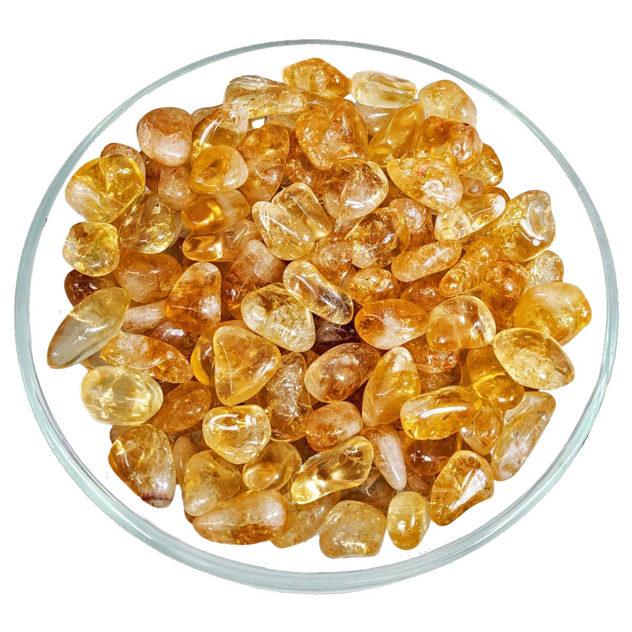 Polished citrine tumble stones in a glass bowl for sale at Small Citrine Tumble Stones