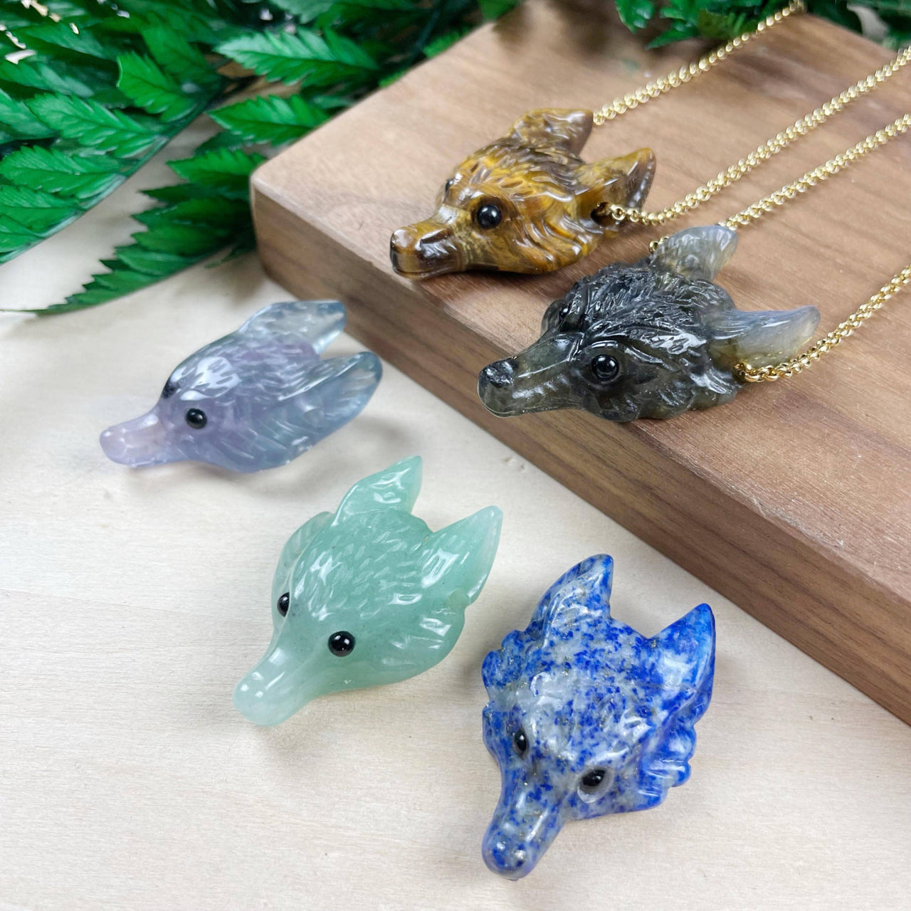 Small gemstone carved wolf head necklace with gold chain #LV9194