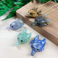 Small gemstone carved wolf head necklace with gold chain #LV9194