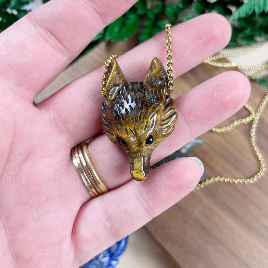 Small carved golden tiger eye fox head pendant on gold chain #LV9194