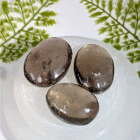 Three 1.75in smoky quartz palm stones #BC0886 with inclusions
