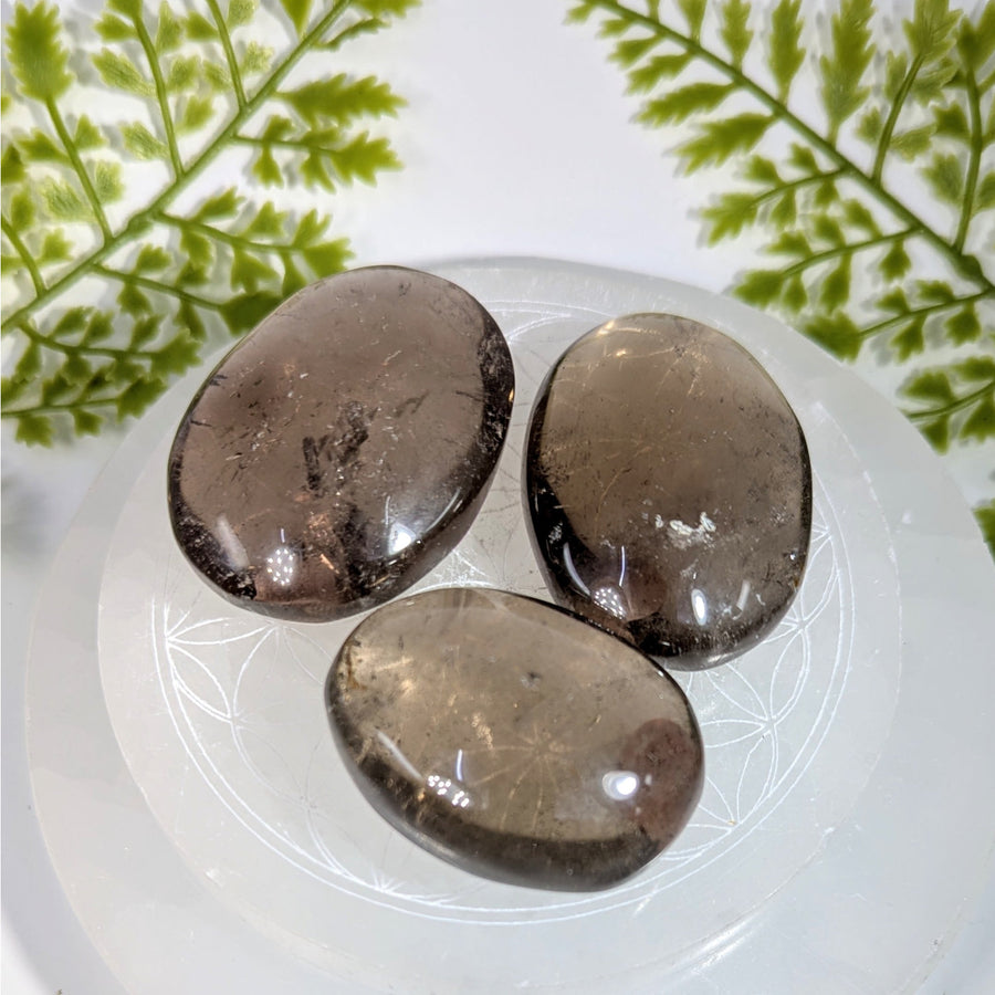Three 1.75in smoky quartz palm stones #BC0886 with inclusions