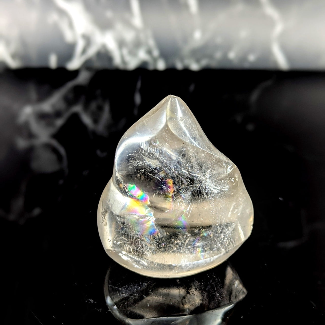 Smoky quartz 2.5 inch mini flame with teardrop shape silver inclusions and rainbow light refractions