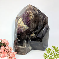 8-inch smoky quartz jumbo generator crystal #BC1139 with purple veining