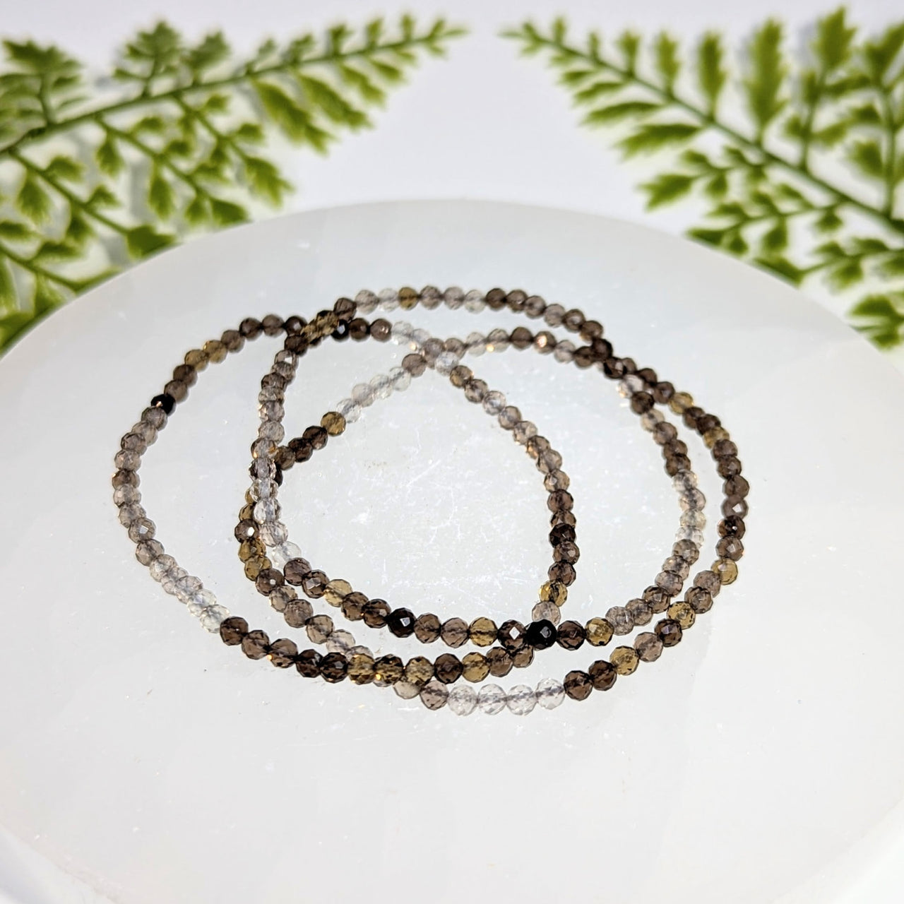 Three 7’’ faceted smoky quartz mini bead bracelets with clear crystals, black stone accents #BC1013