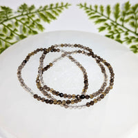 Three 7’’ faceted smoky quartz mini bead bracelets with clear crystals, black stone accents #BC1013