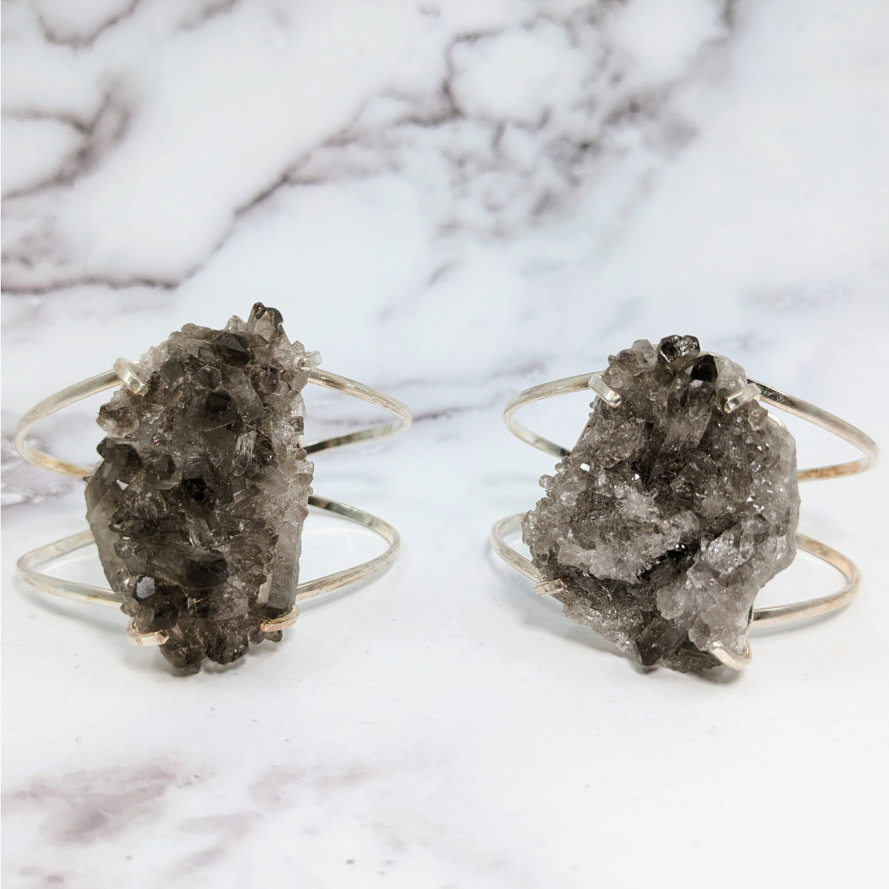 Silver rings with large smoky quartz rocks on Smoky Quartz Cluster Cuff Bracelet #LV3861