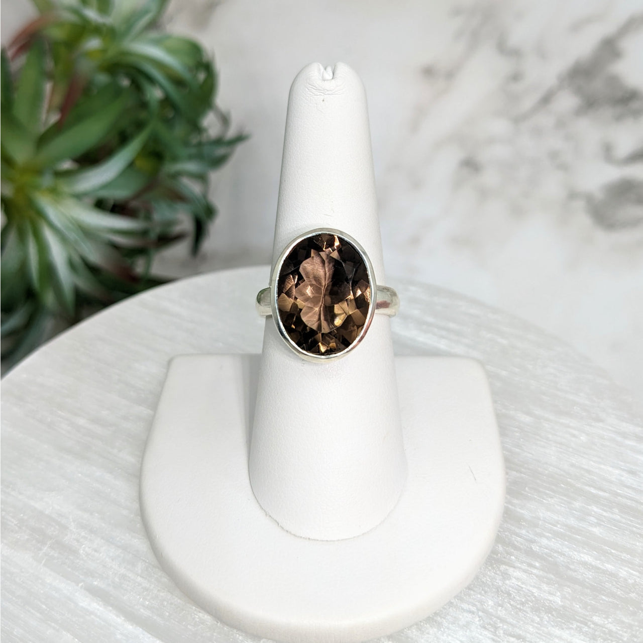 Smoky Quartz Faceted Oval Ring #LV5101 - Gold ring with a brown flower design