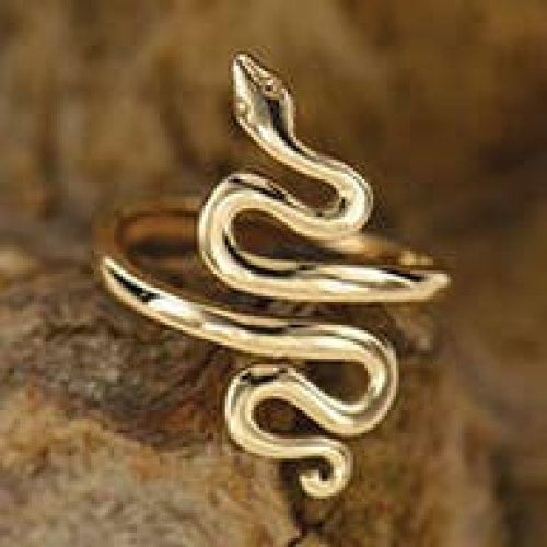 Gold snake ring displayed on a rock, available as Snake Bronze Adj. Ring #J023