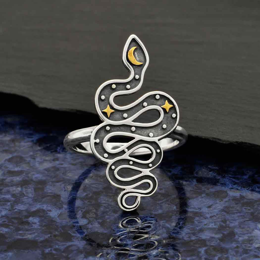 Snake with Bronze Star & Moon Sterling Silver Ring #J045 - Elegant Snake Ring Design