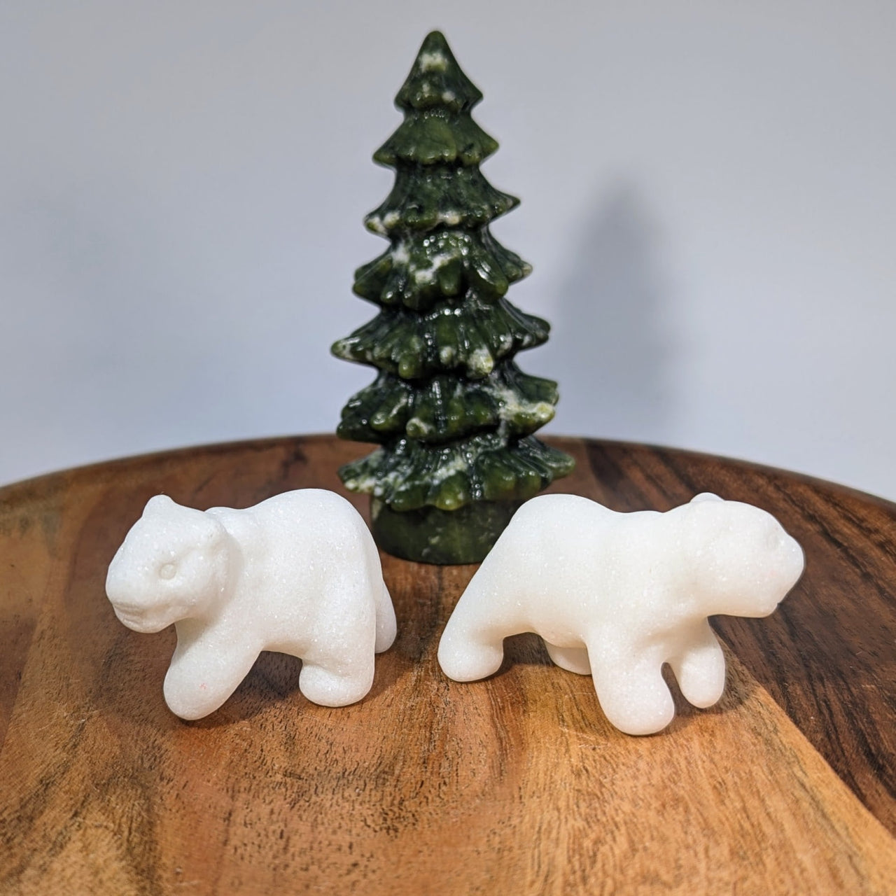 Snow Quartz 1.9’’ mini white ceramic polar bear figurine with glittery accents on wood