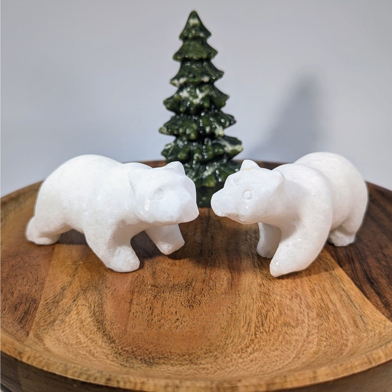 Snow Quartz 3.3’’ glossy white ceramic polar bear on wood base #BC0100