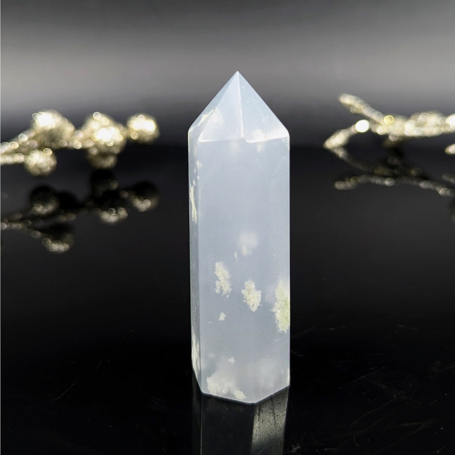 White quartz crystal point tower with gold flecks, 2.8’’ #BC0110