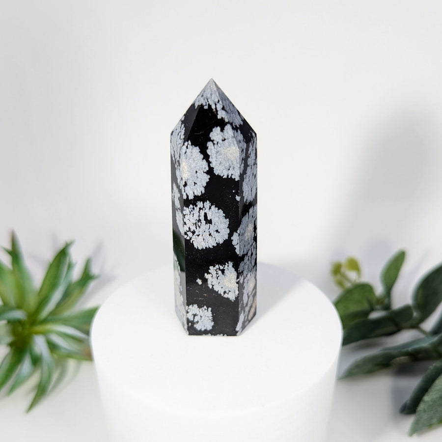 Polished Snowflake Obsidian Tower 2.8 inches displaying intricate snowflake patterns