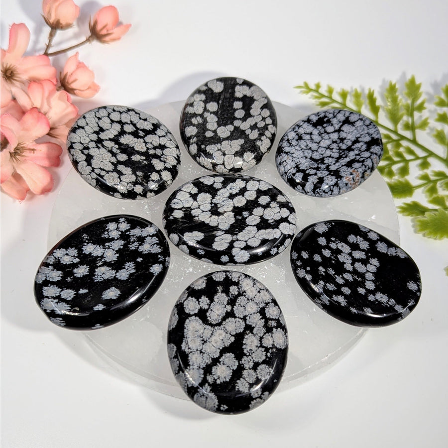 Seven 2-inch snowflake obsidian thumb palm stones #BC0762