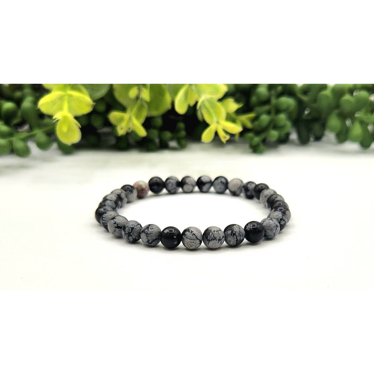 Black and white snowflake obsidian 6mm beaded stretch bracelet, 7.5 inch