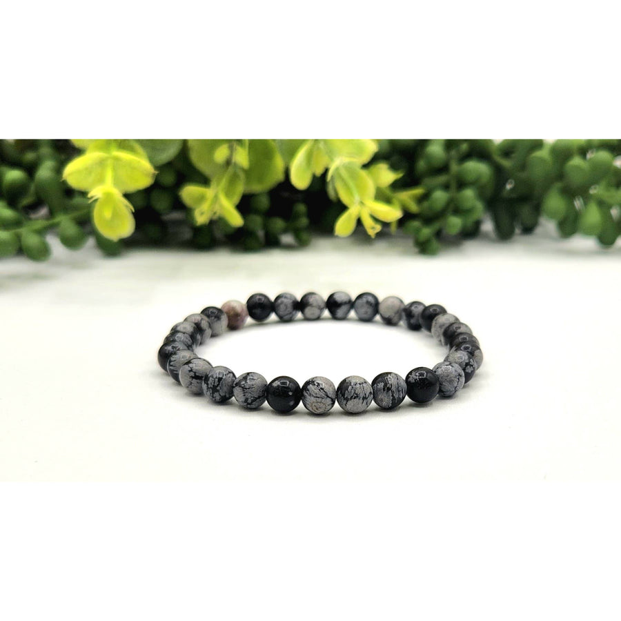 Black and white snowflake obsidian 6mm beaded stretch bracelet, 7.5 inch