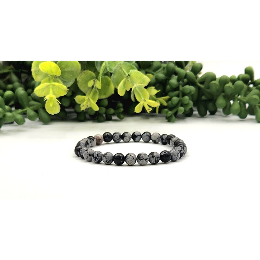 Black and white snowflake obsidian 6mm beaded stretch bracelet 7.5in LV9537