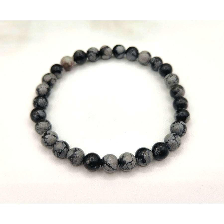 Snowflake Obsidian 6mm Black White Speckled Beaded Stretch Bracelet 7.5