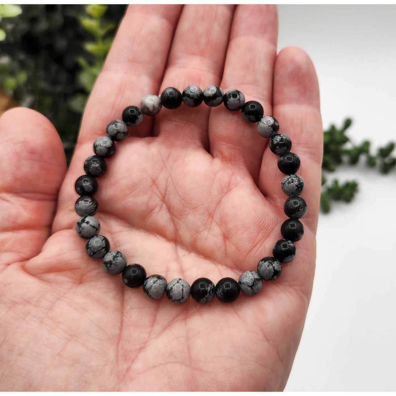 Snowflake Obsidian 6mm Black Lava Beaded Stretch Bracelet 7.5’’ #LV9537