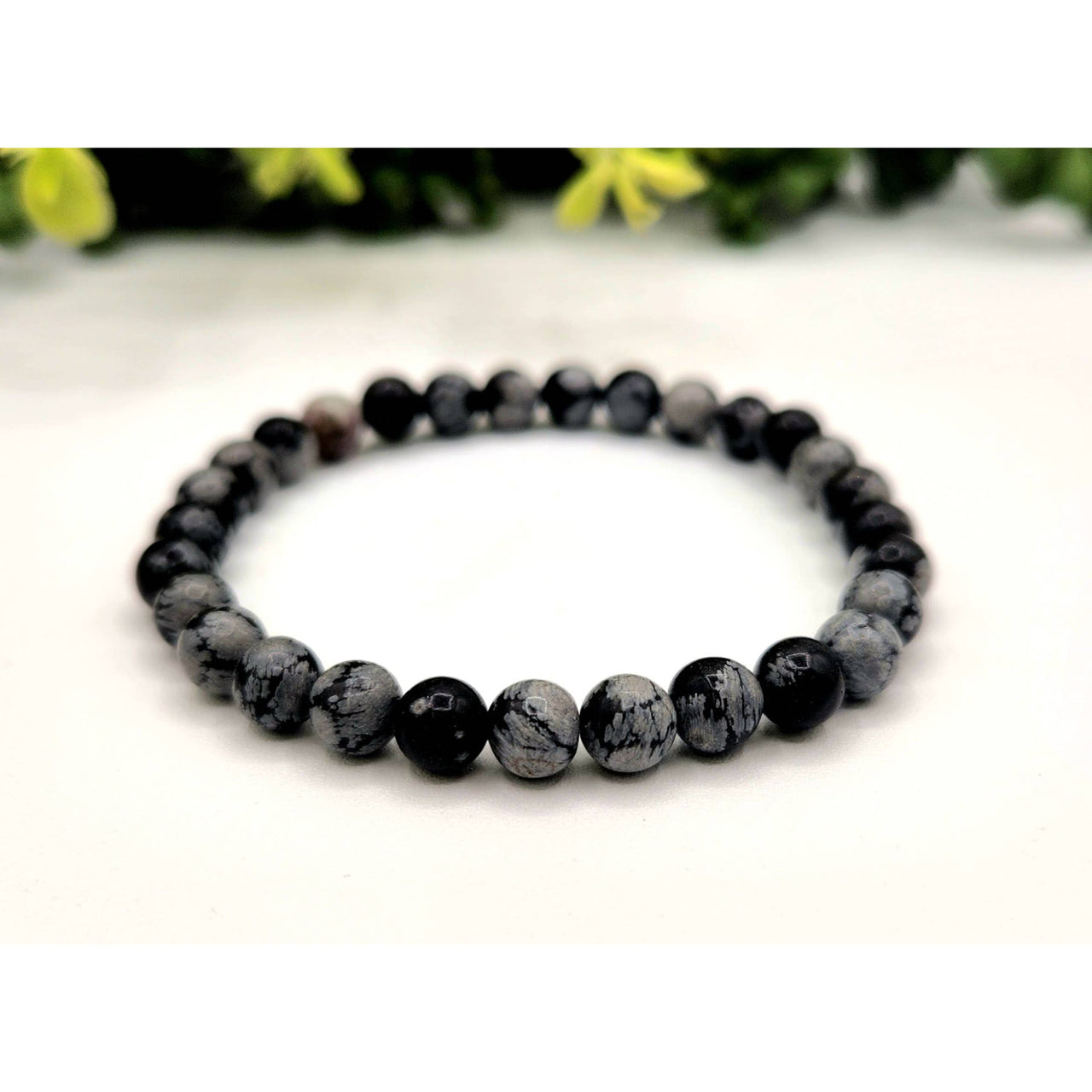 Snowflake Obsidian 6mm Black Gray Beaded Stretch Bracelet 7.5’’ #LV9537