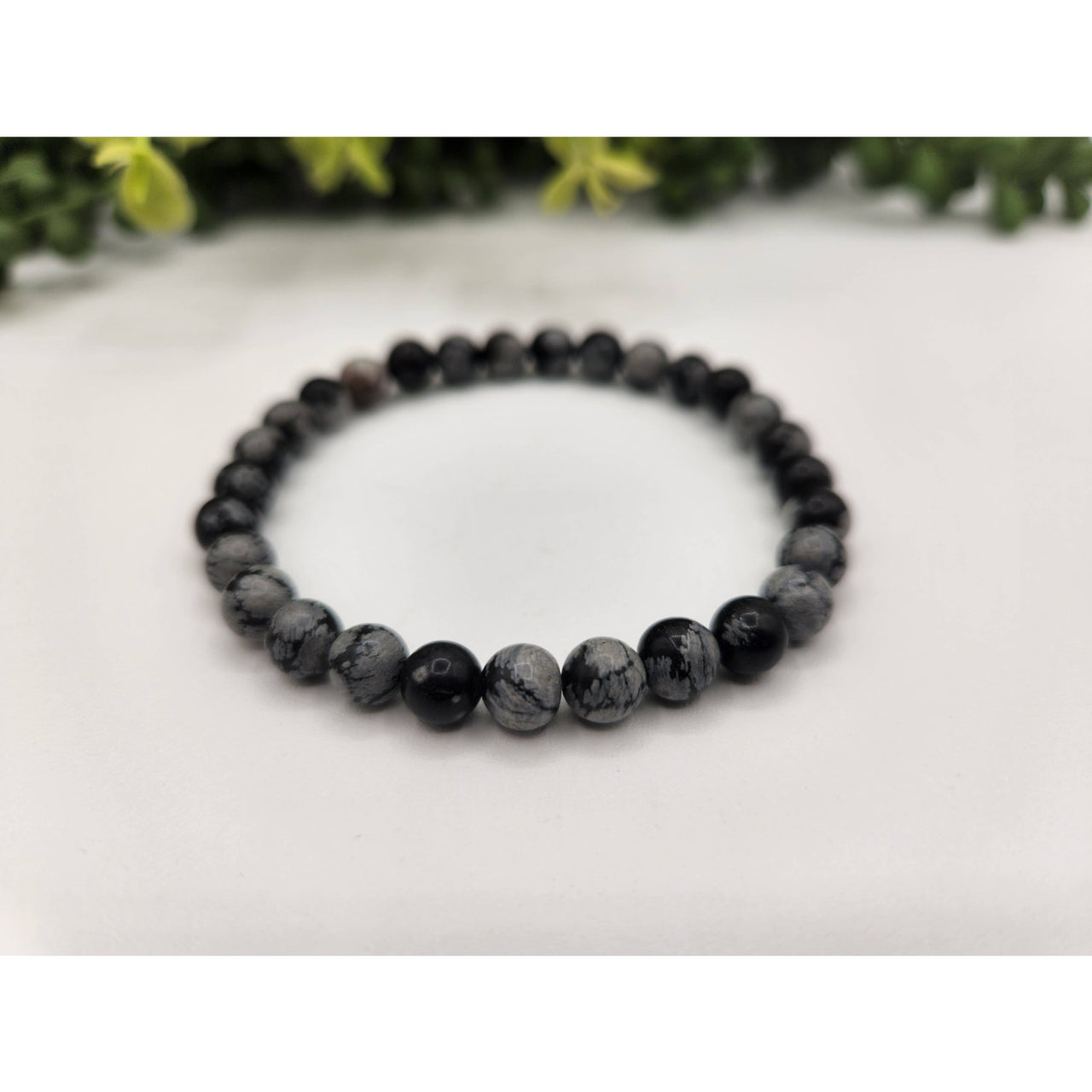 Snowflake Obsidian 6mm Black Gray Beaded Stretch Bracelet 7.5in LV9537