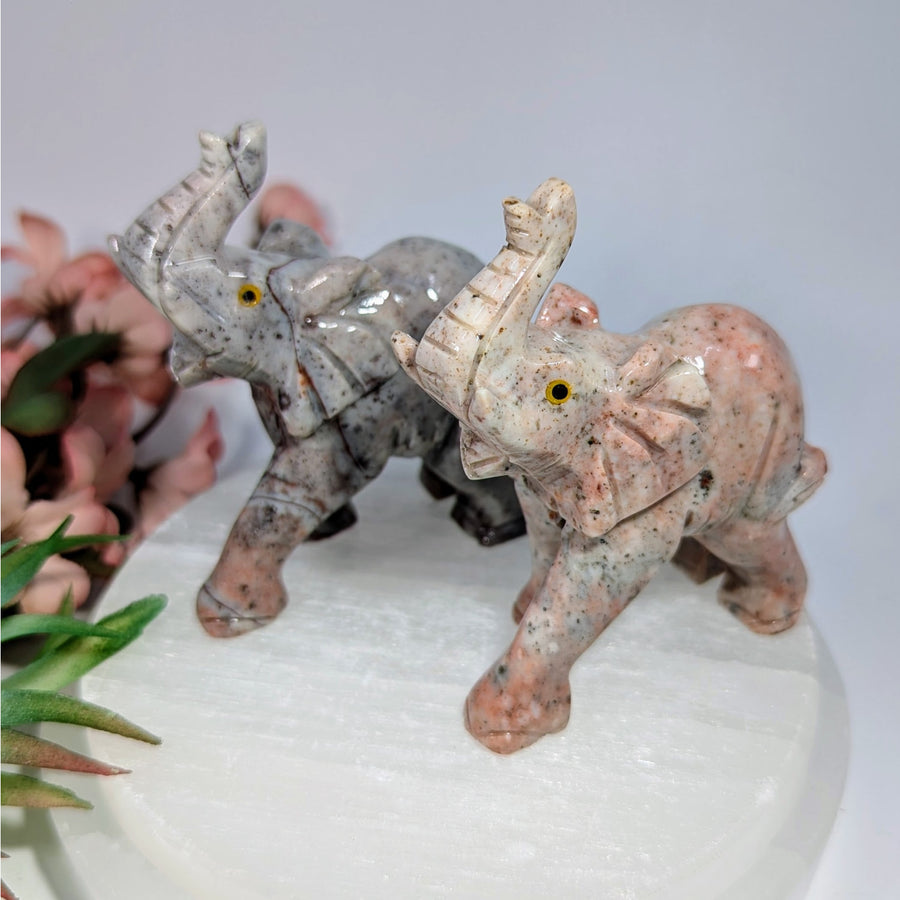 Two soapstone 3-inch elephant carvings in gray and pink, #BC0170