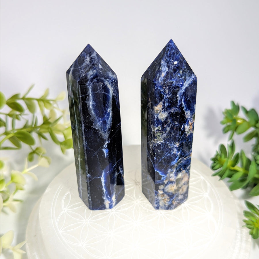 Two polished blue sodalite crystal pillars with natural veining and golden inclusions standing upright on white surface