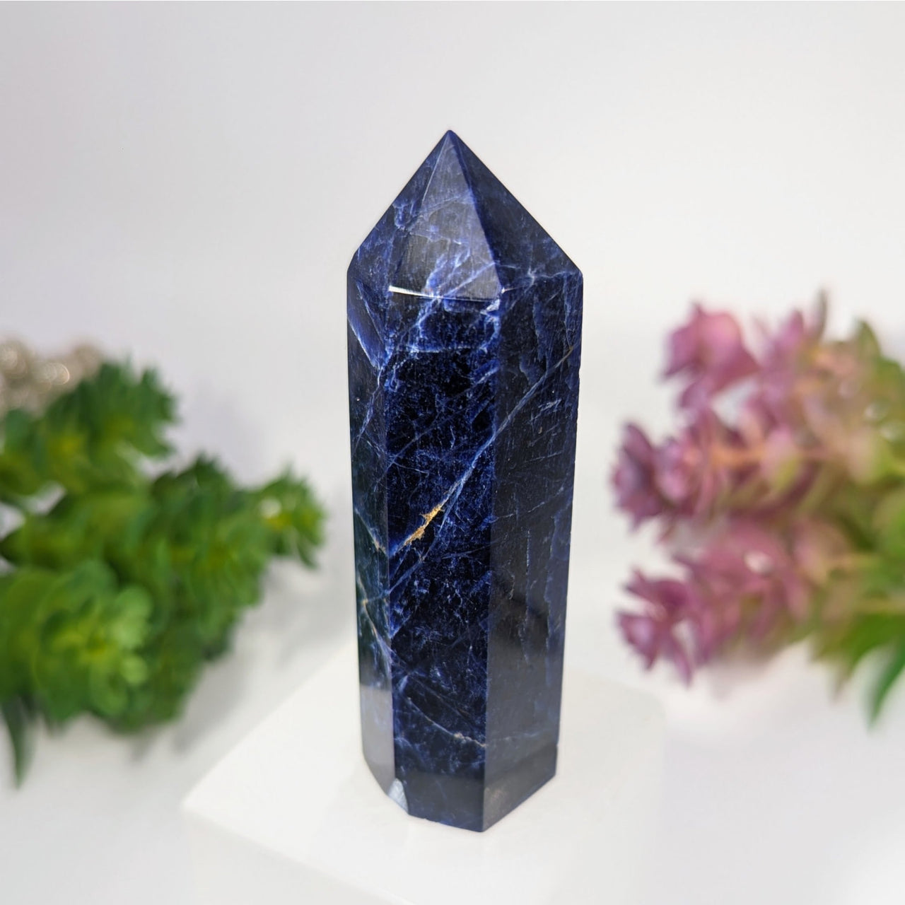 Blue sapphire crystal point in Sodalite 3.2 inch tower #BC0108
