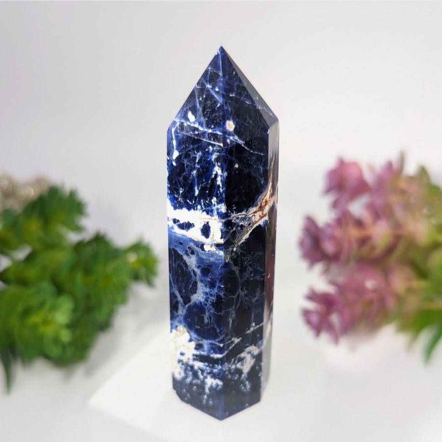 Blue and white speckled Sodalite 3.4 inch crystal tower point #BC0109