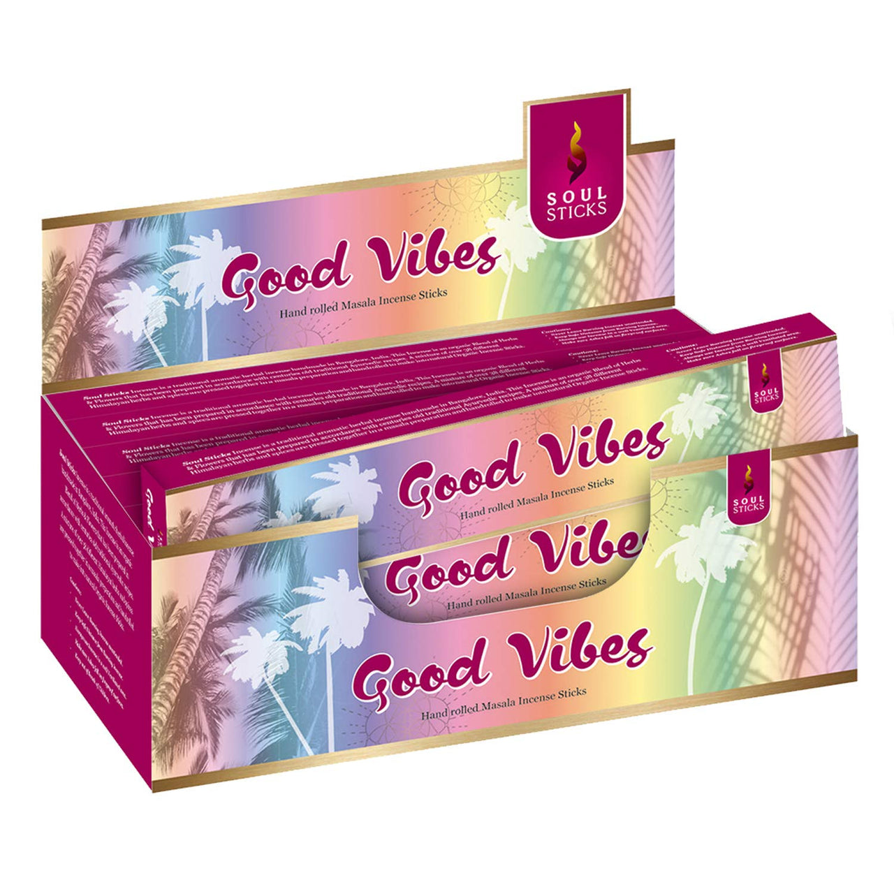 Vibrant pink rainbow Soul Sticks masala incense with palm trees