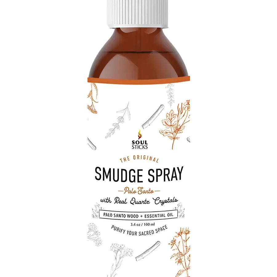 Brown bottle of Soul Sticks Smudge Spray featuring white sage for cleansing potential