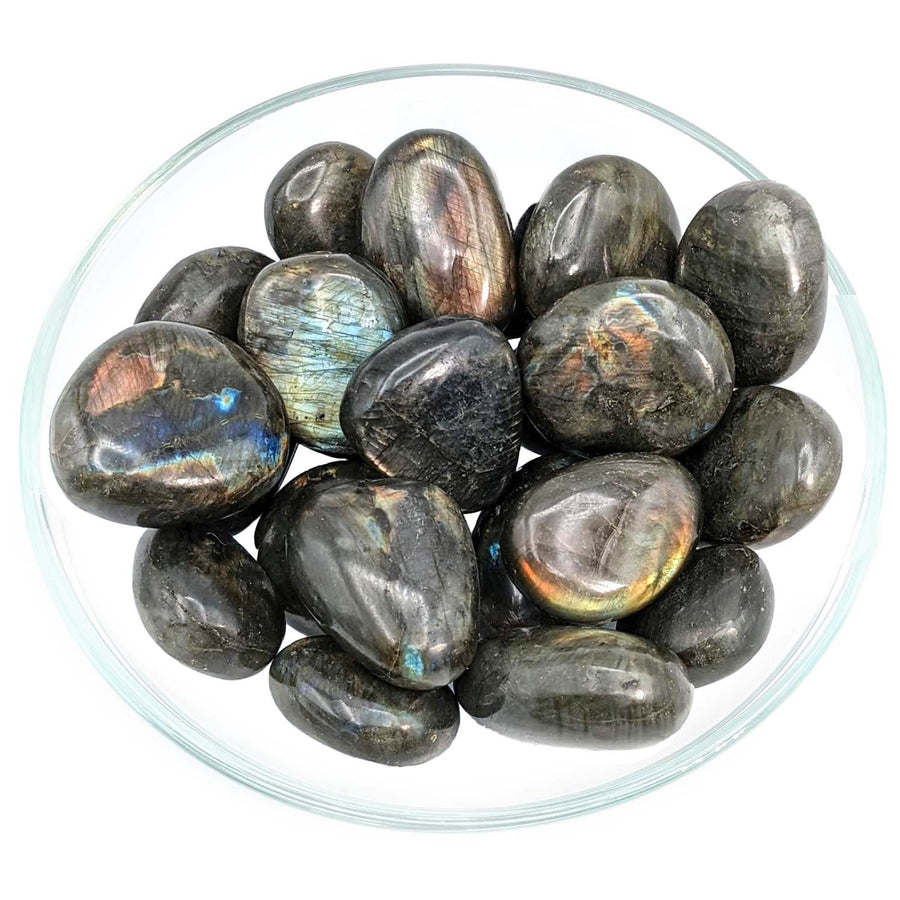 Polished Labradorite stones in a glass bowl showcasing iridescent flashes for item tier benefits