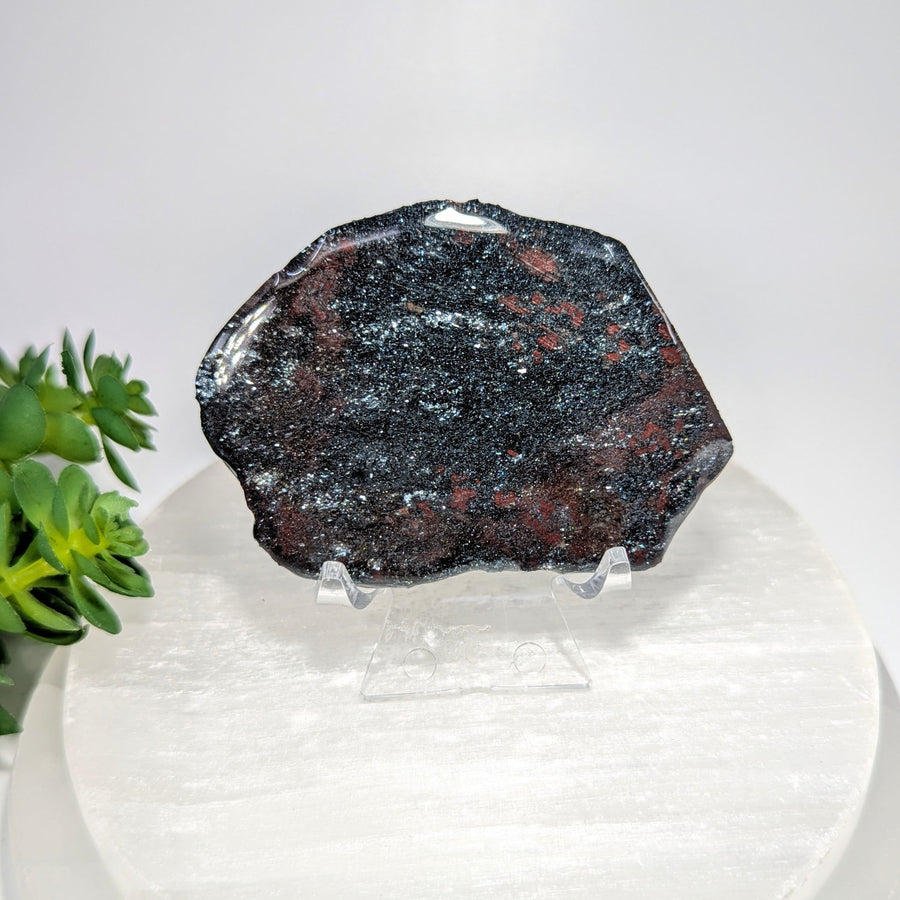 Polished 2.8-inch specular hematite stone slice in red and black jasper, #BC0612