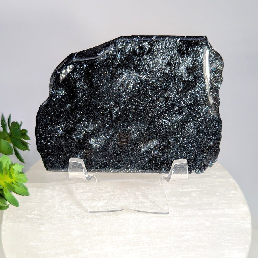 Specular hematite 3.2-inch polished black goldstone slab #BC0614