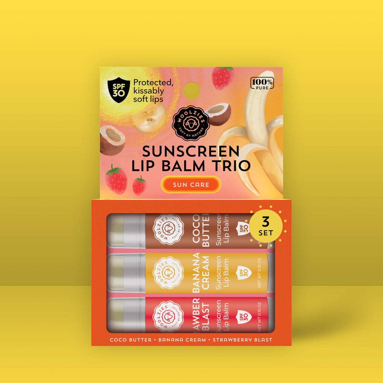 SPF 30 Sunscreen Lip Balm Trio in Banana, Coconut, Strawberry Flavors