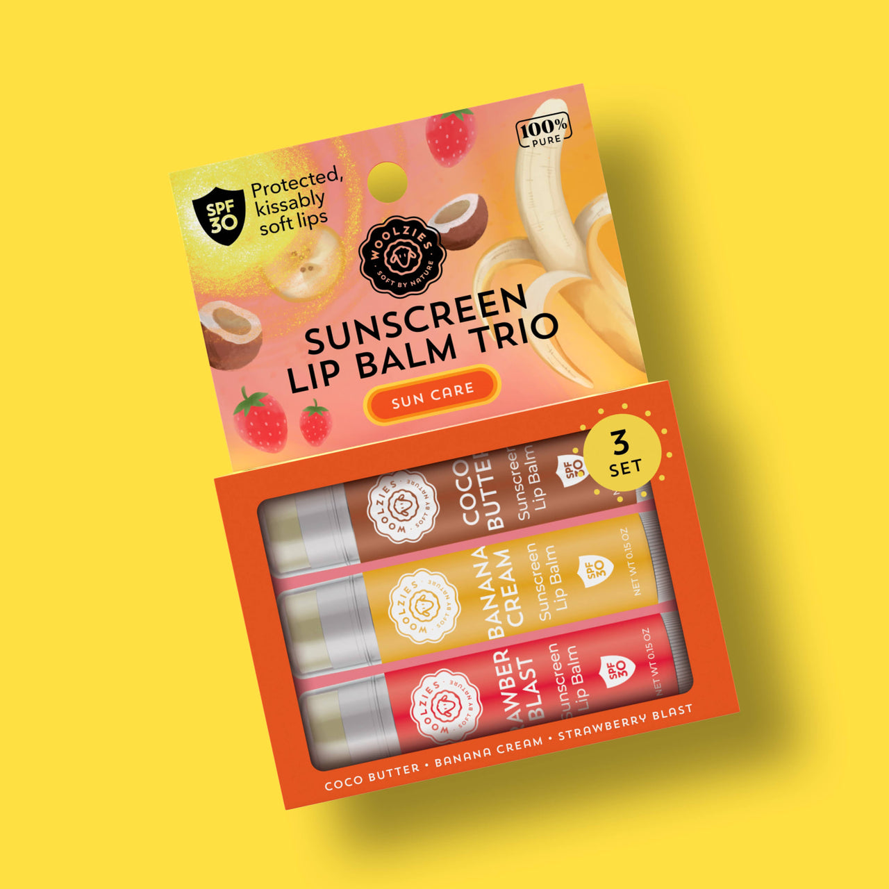 SPF 50 sunscreen lip balm trio in cocoa butter, banana cream, strawberry flavors