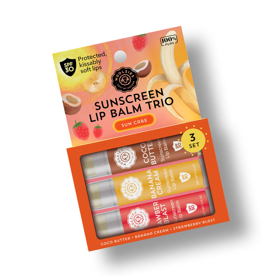SPF 50 lip balm trio in coconut, banana, strawberry flavors