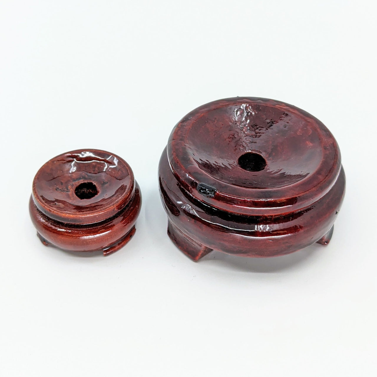 Two red glass jars on Sphere Holder - Resin Fancy Rosewood Finish Stand #LV2725