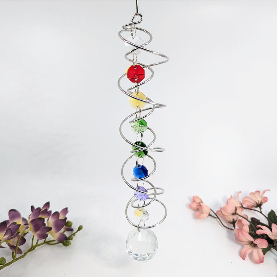 Rainbow-colored crystal spiral wind chime for Spiral Suncatcher 11 with Rainbow Chakra Prisms