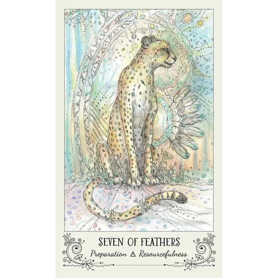 A drawing from the Spiritsong Tarot Deck by Paulina Fae depicting a cheetah with a bird