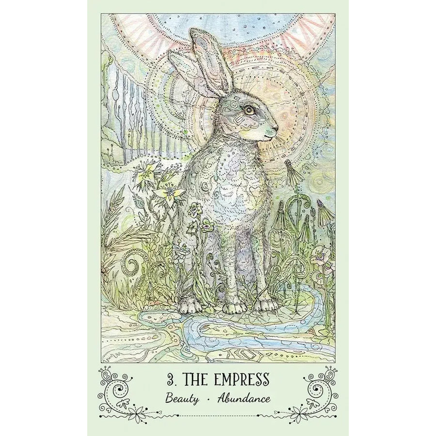 Drawing of a rabbit with a sun in the Spiritsong Tarot Deck by Paulina Fae #Q373